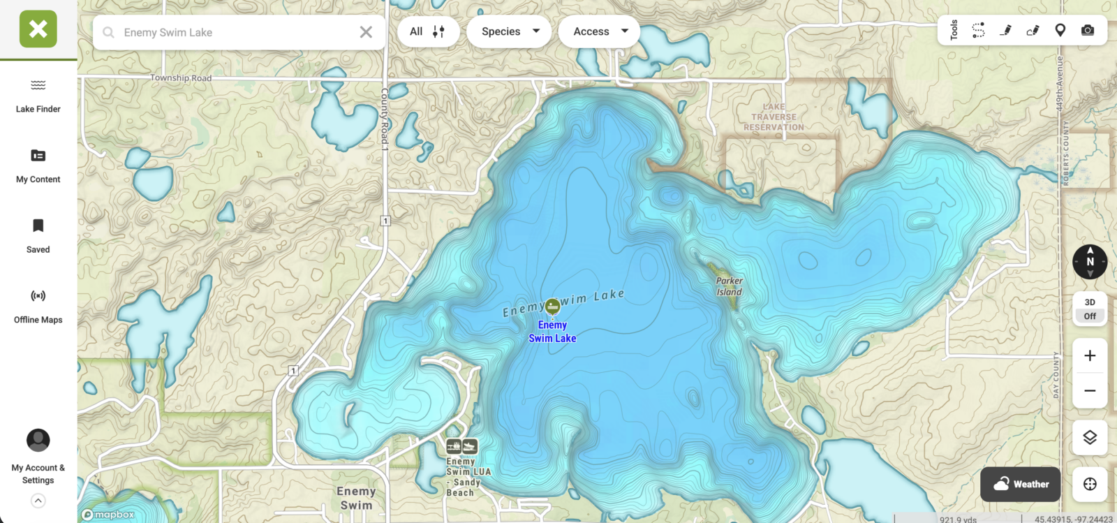 enemy swim lake map in the onX Fish App 